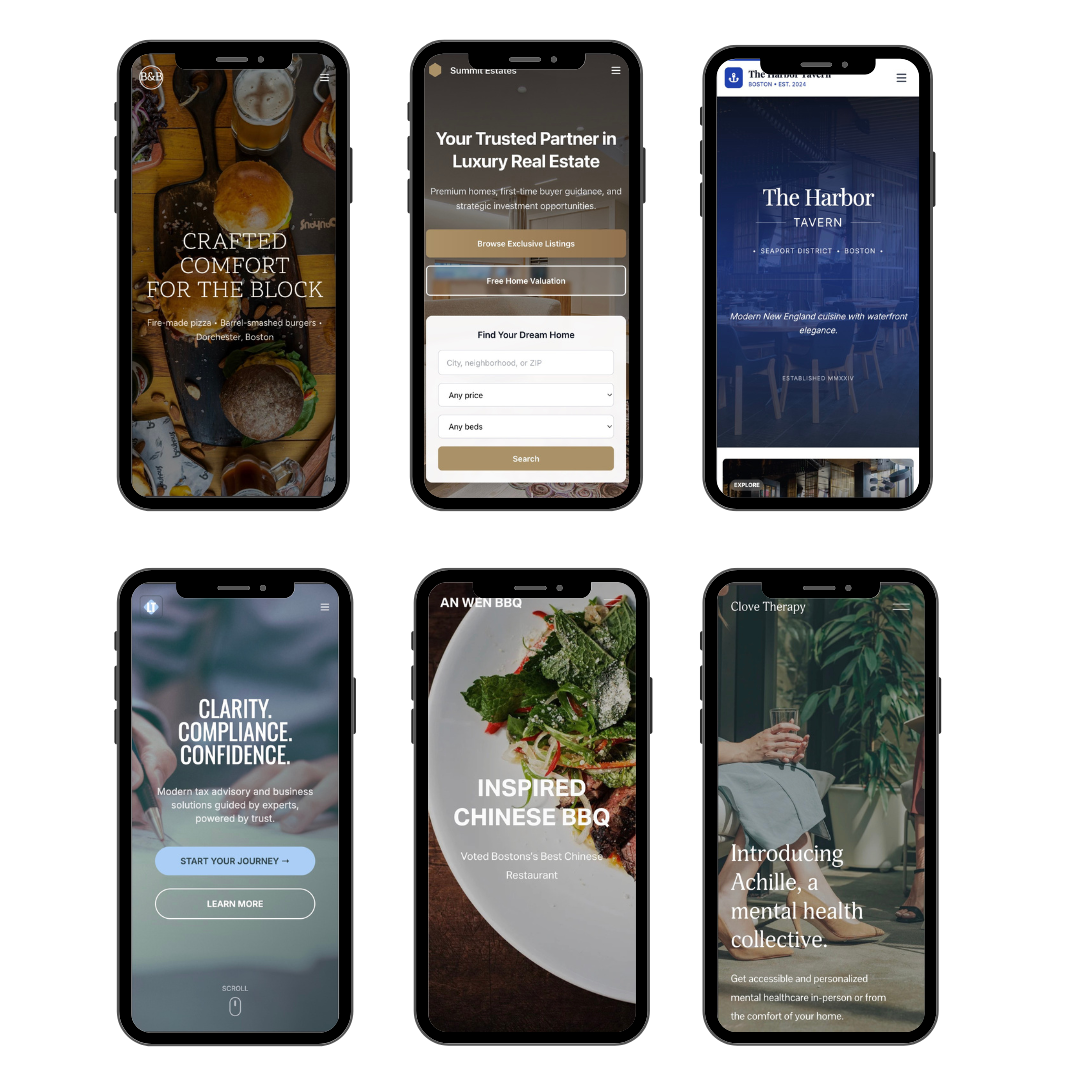 Phone collection showing responsive web designs